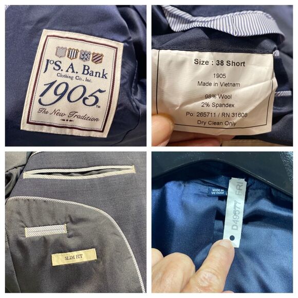 Jos. A. Bank Mens Slim Fit Traveler Suit Jacket and Pants Wool Blend Navy Blue S - Picture 15 of 16